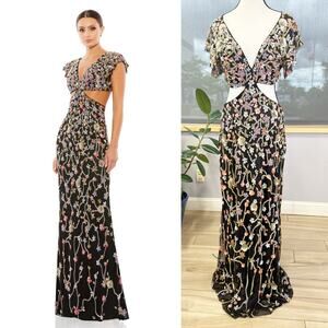 EMBELLISHED CUT OUT RUFFLED CAP SLEEVE COLUMN GOWN Style 5564 Size 12